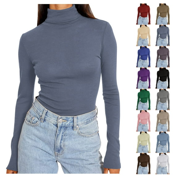Sevevn Womens Basic Turtleneck Long Sleeve Slim Fit Top Soft Stretchy Mock Neck Shirt Casual Layering Tee for Fall Winter Navy L
