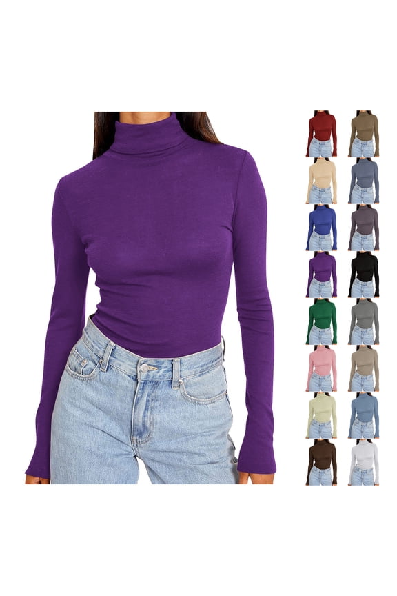 Womens Basic Turtleneck Long Sleeve Slim Fit Top Soft Stretchy Mock Neck Shirt Casual Layering Tee for Fall Winter Purple XL