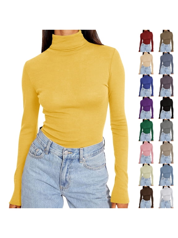 Womens Basic Turtleneck Long Sleeve Slim Fit Top Soft Stretchy Mock Neck Shirt Casual Layering Tee for Fall Winter Yellow S