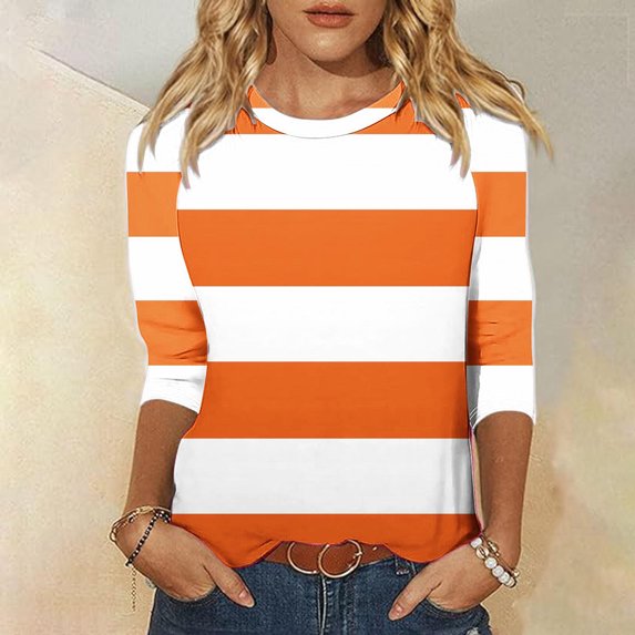 Sevevn Womens Blouses Women's Color Blocked Striped 3/4 Shoulder To Sleeve Round Neck Pullover Fashion Top Great Gifts for Less