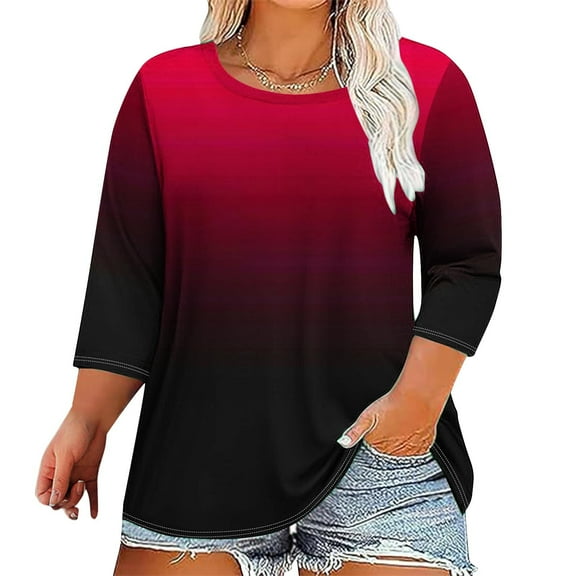 Sevevn Womens Blouses Women's Plus Size Printed Round Neck Three Quarter Sleeve 3/4 Sleeve T-shirt Loose Top Gifts for Family