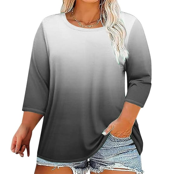 Sevevn Womens Blouses Women's Plus Size Printed Round Neck Three Quarter Sleeve 3/4 Sleeve T-shirt Loose Top Gifts for Family