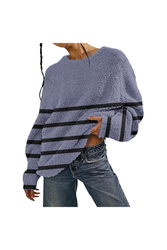 Womens Blouses Women's Warm Double-sided Plush Striped Pullover Plush Long-sleeved Top Great Gifts for Less