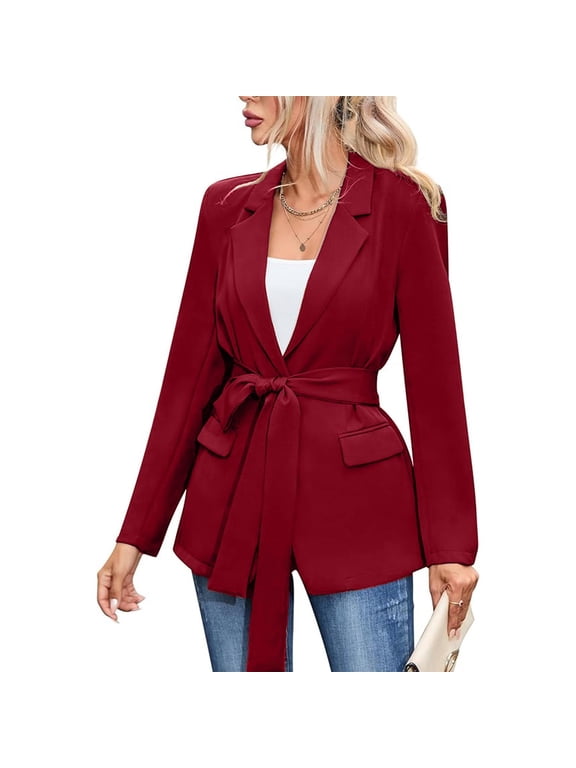 Womens Casual Blazers Long Sleeve Open Front Suit Wrap-Belted Work Office Blazers Jacket with Pockets