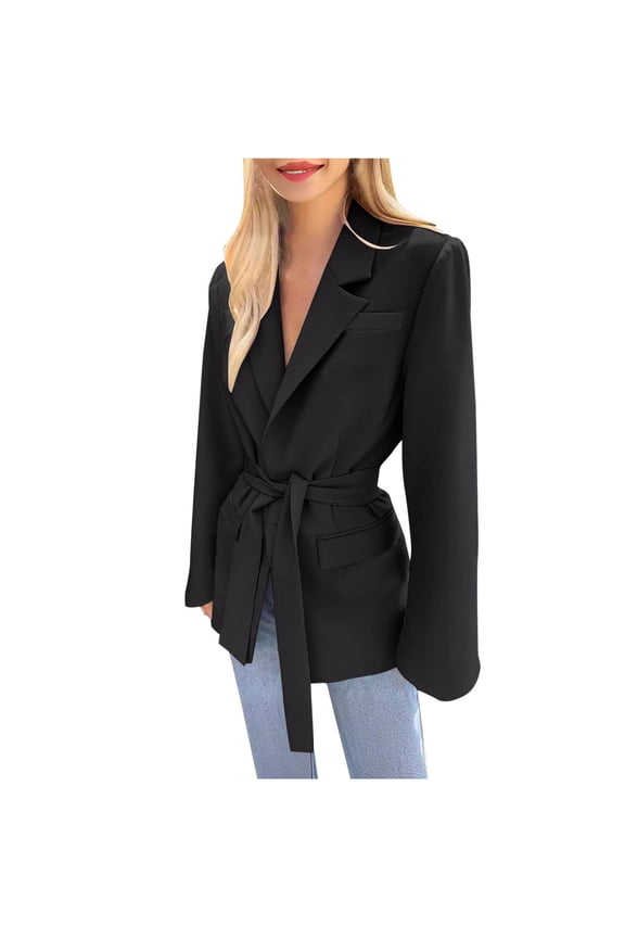 Womens Casual Blazers Long Sleeve Open Front Suit Wrap-Belted Work Office Blazers Jacket with Pockets