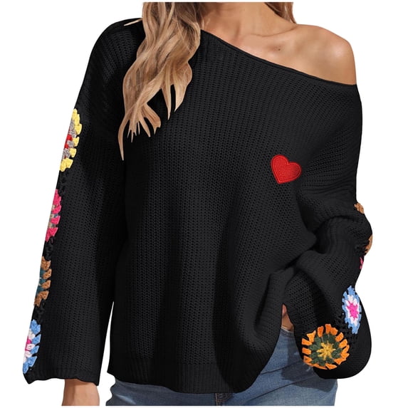 Sevevn Womens Classic Boho Floral Crochet Long Sleeve Sweaters Casual Pullover Knitwear for Fall Winter Basic Tops