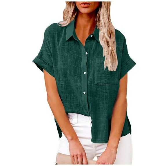 Sevevn Womens Color Button Shirts V Neck Loose Blouse Short Sleeve Casual Work Tunic With Pocket Gift for Girls Navy S