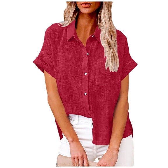 Sevevn Womens Color Button Shirts V Neck Loose Blouse Short Sleeve Casual Work Tunic With Pocket Rollbacks Red L