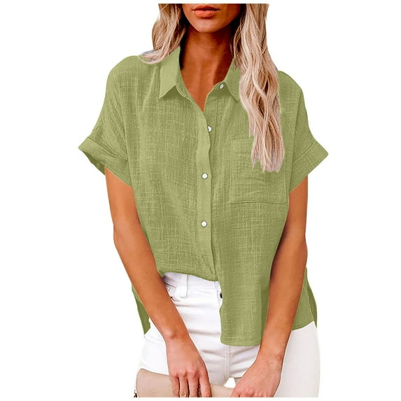 Sevevn Womens Color Button Shirts V Neck Loose Blouse Short Sleeve Casual Work Tunic With Pocket Savings Up to 30% Off Green XXL