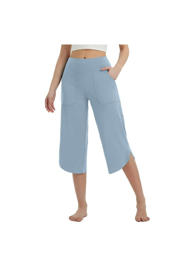 Womens Cropped Pants Wide Leg Yoga Cropped Pants With Pockets Loose Stretch Training Tight Pants Summer Casual Women Beach Fashion Light Blue M