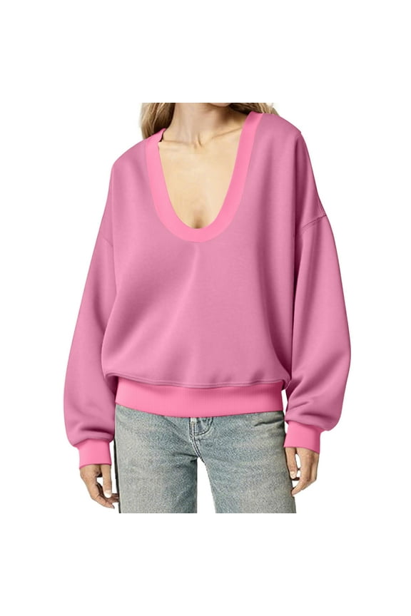 Womens Deep Plunge V Neck Sweater Oversized U Neck Sweatshirt Long Sleeve Drop Shoulder Fall Winter Pullover Top