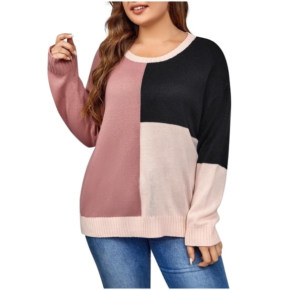 Sevevn Womens Drop Shoulder Color Block Sweater Long Sleeve Knit Sweater Loose Pullover Jumper Tops