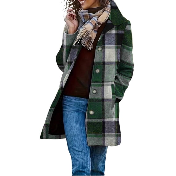 Sevevn Womens Fall Winter Casual Long Sleeve Plaid Overcoat Lapel Collar Button‑Front Loose Jacket with Side Pockets Green L