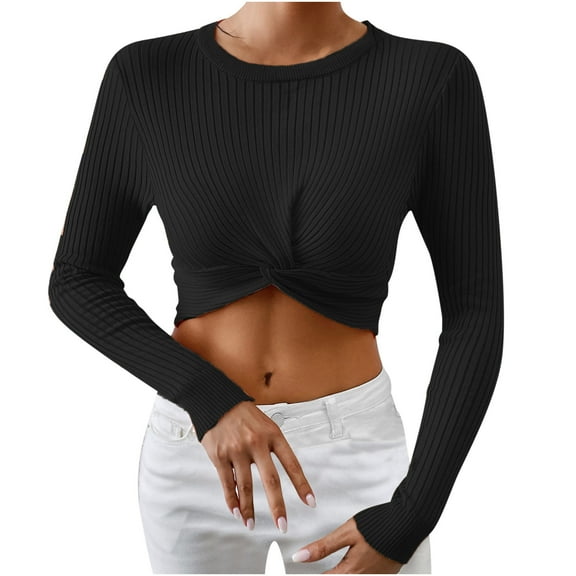 Sevevn Womens Fall Winter Kink Cropped Sweater Causal Crew Neck Ribbed Knit Pullover Jumper Tops
