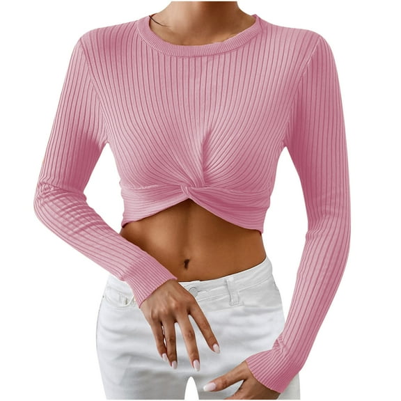 Sevevn Womens Fall Winter Kink Cropped Sweater Causal Crew Neck Ribbed Knit Pullover Jumper Tops