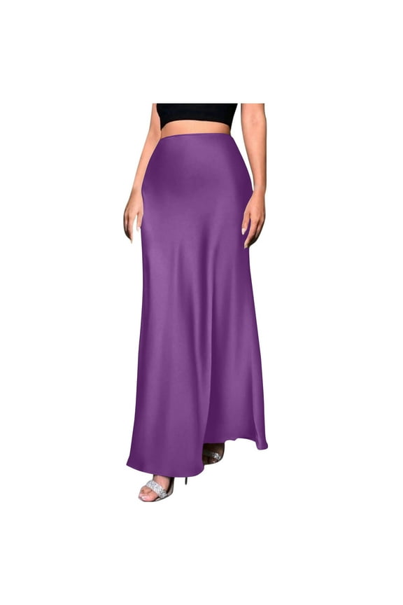 Womens Fashion Solid Color A Character Satin Fabric Invisible Zipper Half Length Skirt Beach Vacation Clothes for Women Purple L