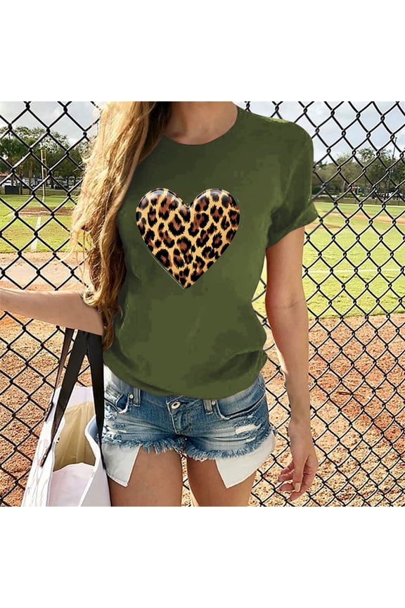 Womens Fashion Valentine's Day Leopard Print Short Sleeve Blouse Round Neck T-Shirt Tops Army Green L Summer