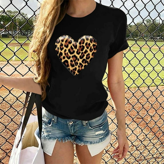 Sevevn Womens Fashion Valentine's Day Leopard Print Short Sleeve Blouse Round Neck T-Shirt Tops Black L Christmas Gift