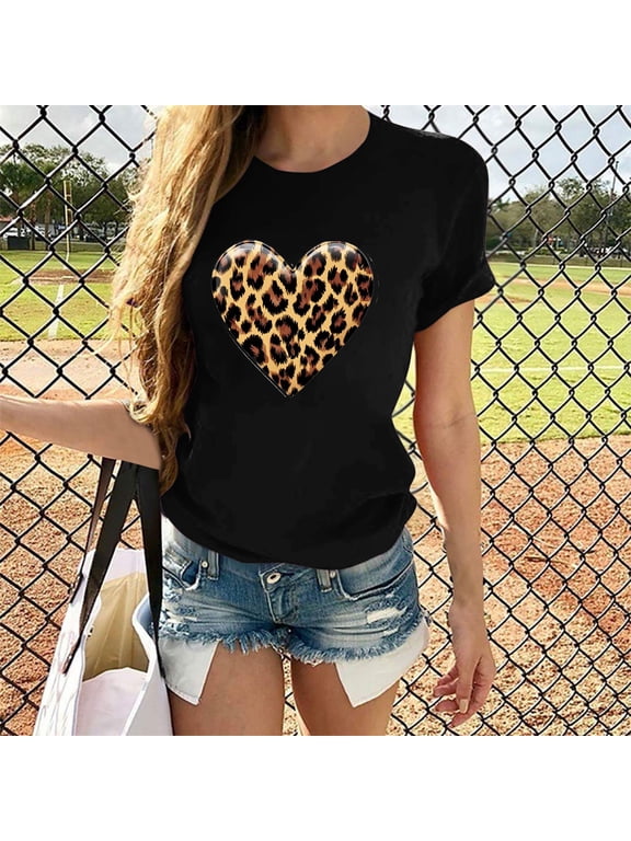 Womens Fashion Valentine's Day Leopard Print Short Sleeve Blouse Round Neck T-Shirt Tops Black XL Early Access
