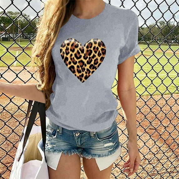 Sevevn Womens Fashion Valentine's Day Leopard Print Short Sleeve Blouse Round Neck T-Shirt Tops Gray M Family Gifts