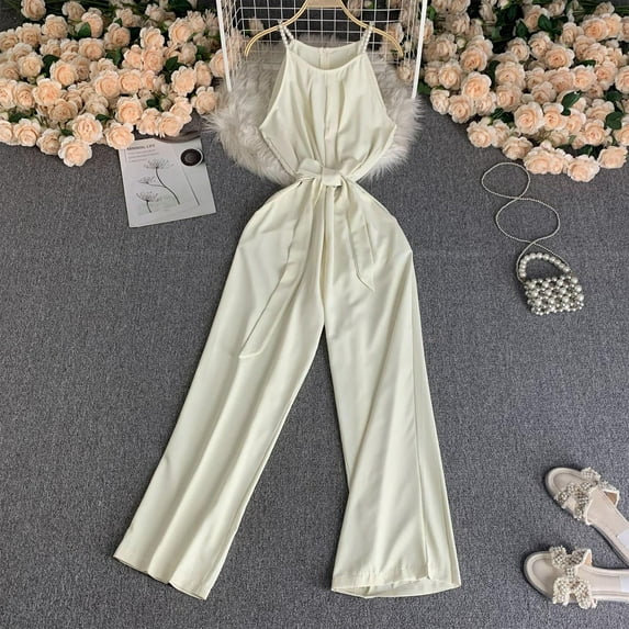 Sevevn Womens Fashionable Casual French Retro Temperament Fashionable Bottom Pants Wide Leg Jumpsuit Beige Free Size Christmas Deals