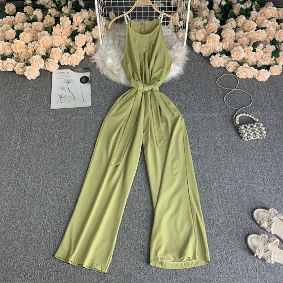 Sevevn Womens Fashionable Casual French Retro Temperament Fashionable Bottom Pants Wide Leg Jumpsuit Mint Green Free Size Christmas Gift