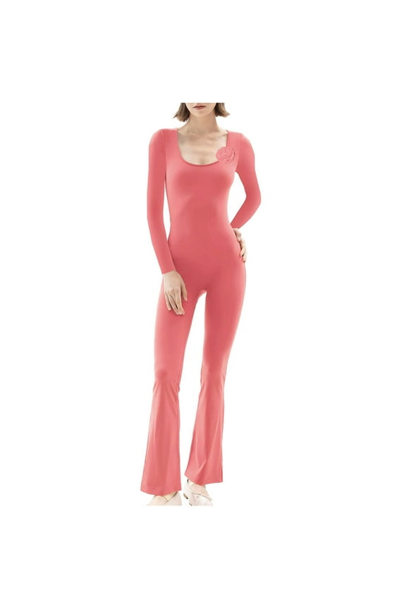 Womens Fashionable Temperament Long Sleeved Abdominal Cinching Waist Cinching Waist Lifting Wide Leg High Elasticity Flared Jumpsuit Watermelon Red M Christmas Gift