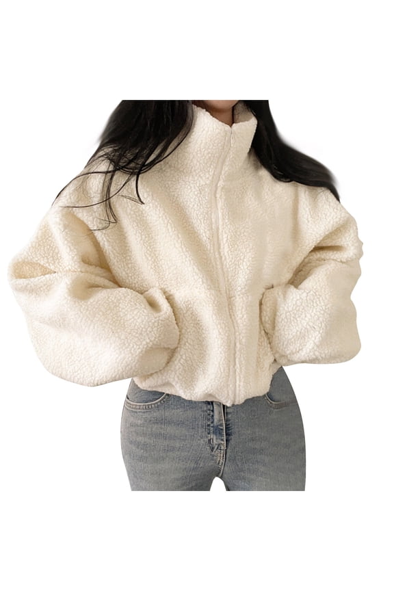 Womens Fleece Jacket Casual Long Sleeve Cropped Sherpa Button Down Fuzzy Warm Coats Fall Outwear With Pockets