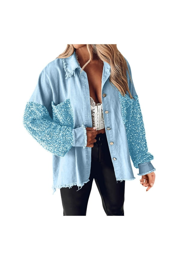 Womens Jacket Sequin Patchwork Long Sleeve Jacket Top Button Front Oversized Denim Shacket