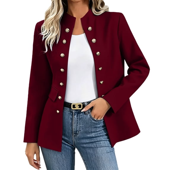 Sevevn Womens Jacket Stand up Collar Double Breasted Buckle Blazers with Pockets Business Casual Outfit Wine 3XL