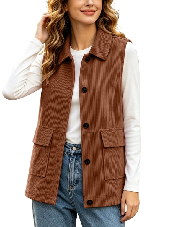 Womens Lapel Collar Corduroy Sleeveless Vest Button Waistcoat with Pockets Fall Casual Outerwear Brown 2XL
