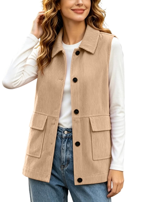 Womens Lapel Collar Corduroy Sleeveless Vest Button Waistcoat with Pockets Fall Casual Outerwear Khaki L