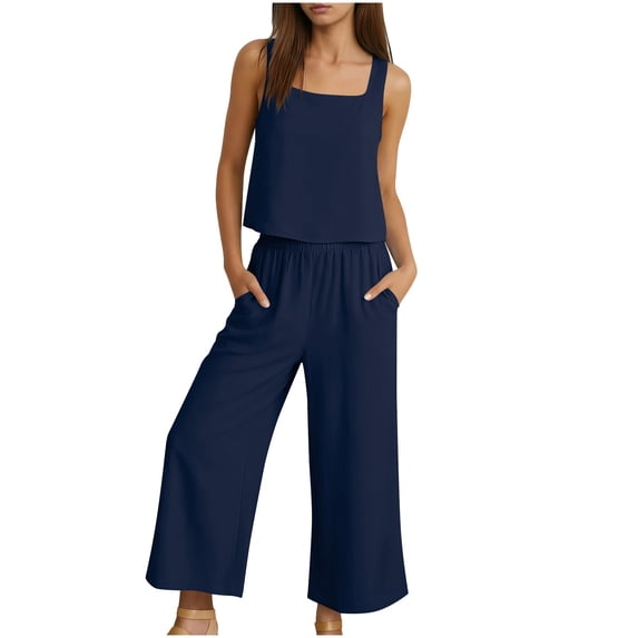 Sevevn Womens Linen Blend 2-Piece Outfit Square Neck Cami Top And Wide Leg Pants with Pockets Navy S