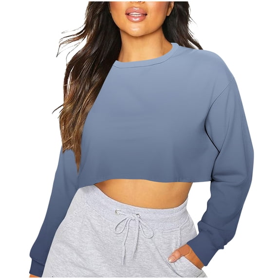 Sevevn Womens Long Ballon Sleeve Sweatshirts Tops Cropped Crew Neck Loose Fit Casual Workout Shirts