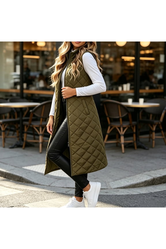 Womens Long Puffer Vest Fall Zip up Quilted Down Jacket Winter Warm Sleeveless Coat with Pockets Green S