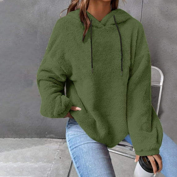 Sevevn Womens New Long Sleeve Hooded Jacket Solid Color Casual Loose SweaterPlush Sweatshirt Green S Summer Savings