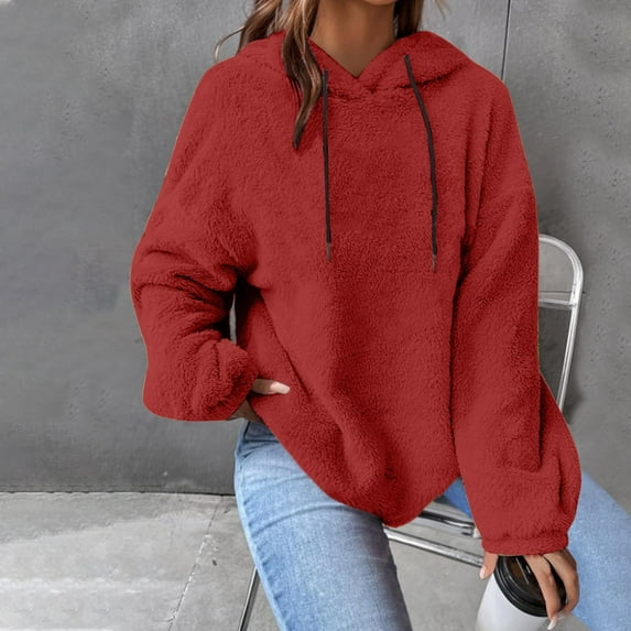 Sevevn Womens New Long Sleeve Hooded Jacket Solid Color Casual Loose SweaterPlush Sweatshirt Red L Gift for Girls