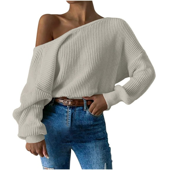Sevevn Womens Off The Shoulder Sweater Asymmetrical Neck Fall Ribbed Knit Long Sleeve Pullover Sweaters Lightweight Top
