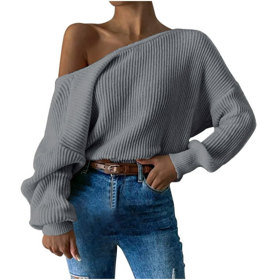 Sevevn Womens Off The Shoulder Sweater Asymmetrical Neck Fall Ribbed Knit Long Sleeve Pullover Sweaters Lightweight Top