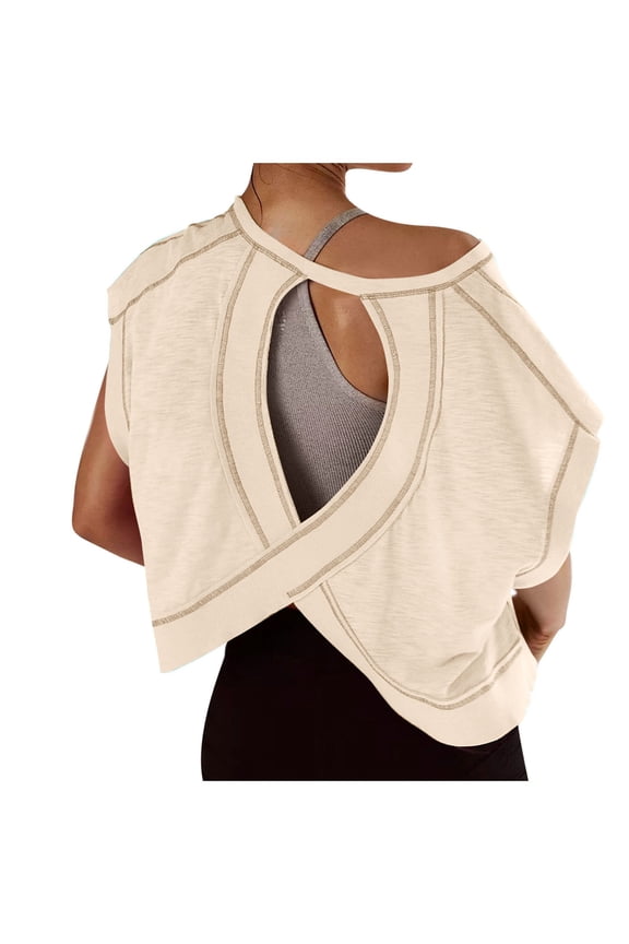 Womens Open Back Workout Backless Short Sleeve Athletic Shirt Running Crop Top Gym Yoga Tee