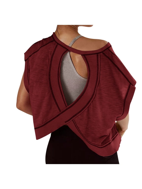 Womens Open Back Workout Backless Short Sleeve Athletic Shirt Running Crop Top Gym Yoga Tee