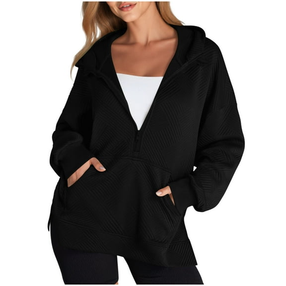 Sevevn Womens Oversized Half Zip Hoodies Long Sleeve Textured Casual Sweatshirts Loose Fall Pullover Tops with Pockets