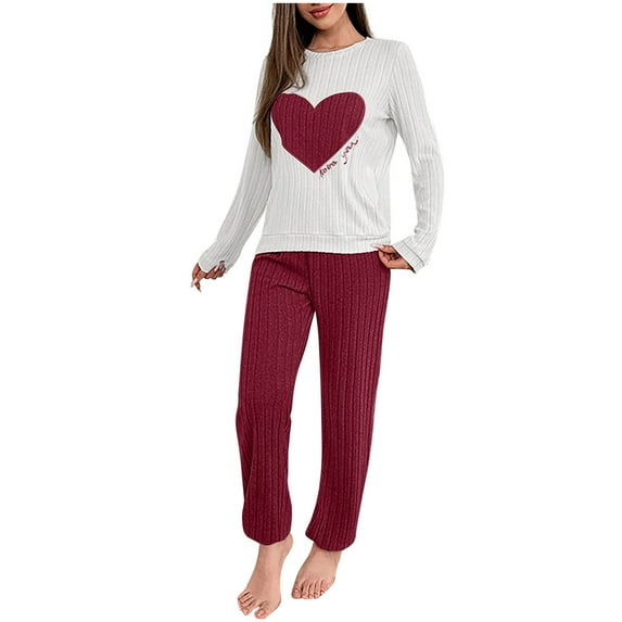 Sevevn Womens Pajama Sets 2 Piece Ribbed Heart Printed PJS Fleece Long Sleeve Sleepwear Pockets
