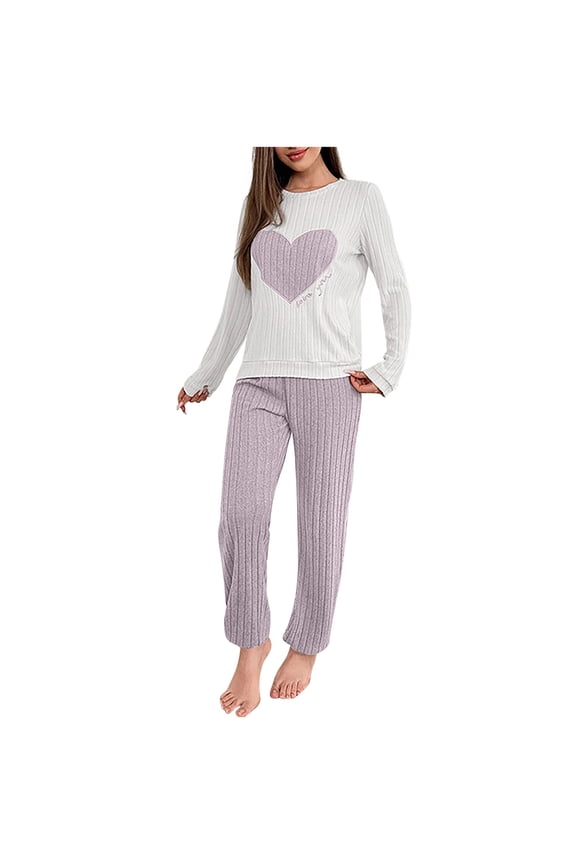 Womens Pajama Sets 2 Piece Ribbed Heart Printed PJS Fleece Long Sleeve Sleepwear Pockets