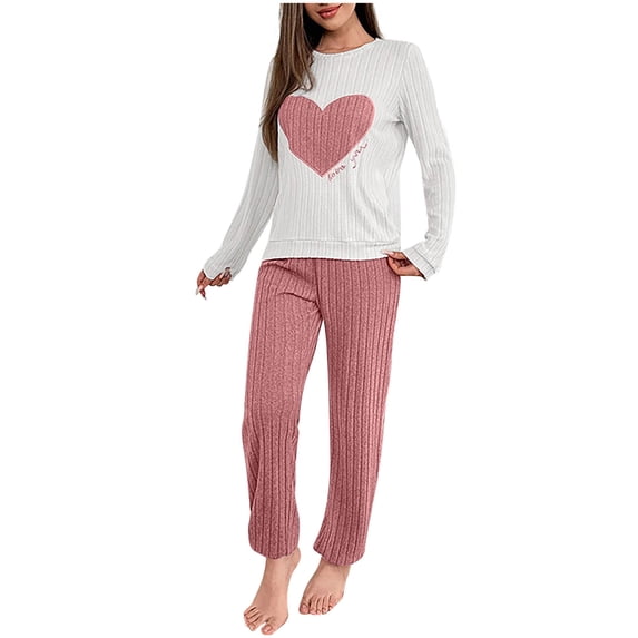 Sevevn Womens Pajama Sets 2 Piece Ribbed Heart Printed PJS Fleece Long Sleeve Sleepwear Pockets
