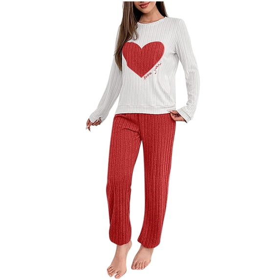 Sevevn Womens Pajama Sets 2 Piece Ribbed Heart Printed PJS Fleece Long Sleeve Sleepwear Pockets