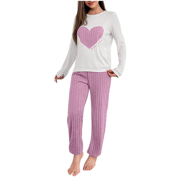 Sevevn Womens Pajama Sets 2 Piece Ribbed Heart Printed PJS Fleece Long Sleeve Sleepwear Pockets
