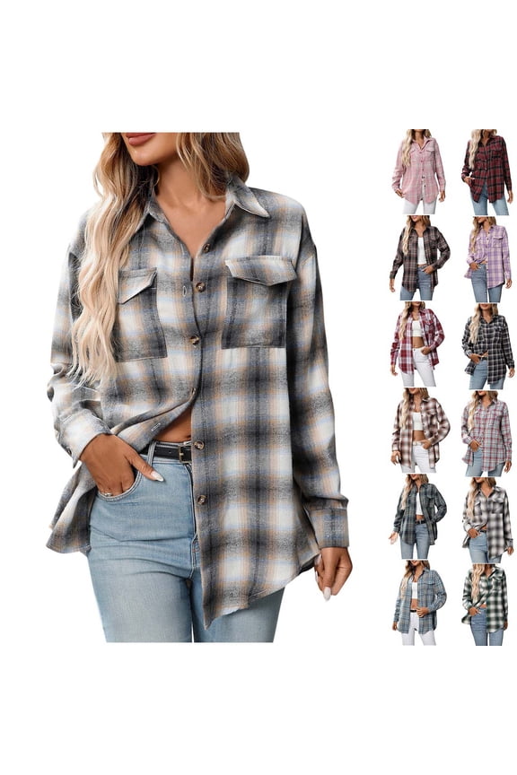 Womens Plaid Flannel Shacket Button Down Long Sleeve Casual Jackets Coats Fall Plus Size Baggy Shirts Gray XL