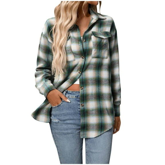 Sevevn Womens Plaid Flannel Shacket Button Down Long Sleeve Casual Jackets Coats Fall Plus Size Baggy Shirts Green XL