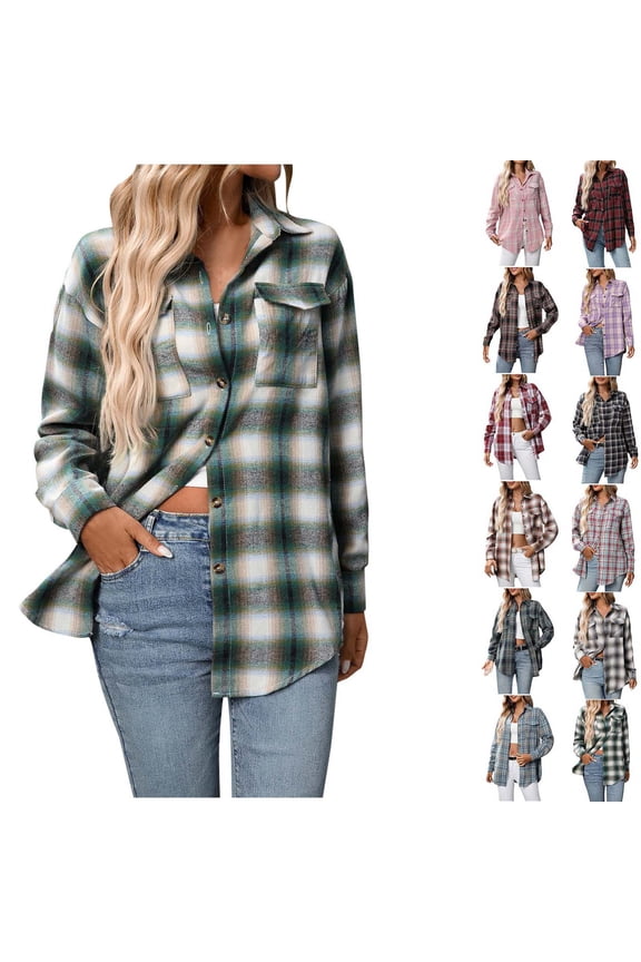 Womens Plaid Flannel Shacket Button Down Long Sleeve Casual Jackets Coats Fall Plus Size Baggy Shirts Green XXL
